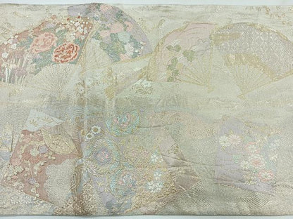 平和屋着物◎両面 全通柄袋帯 扇絵四季草花文 金糸 正絹 逸品 CABG1239nb