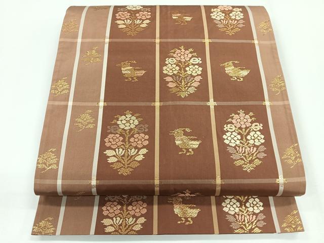 平和屋着物◎六通柄袋帯 花鳥格子 金糸 三越扱い 正絹 逸品 CABG1240nb