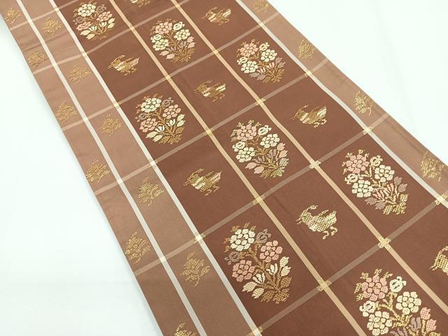 平和屋着物◎六通柄袋帯 花鳥格子 金糸 三越扱い 正絹 逸品 CABG1240nb