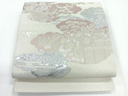 平和屋着物◎太鼓柄袋帯 綴れ 雲取り花文 銀糸 正絹 逸品 CABG1243nb