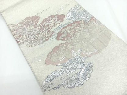 平和屋着物◎太鼓柄袋帯 綴れ 雲取り花文 銀糸 正絹 逸品 CABG1243nb