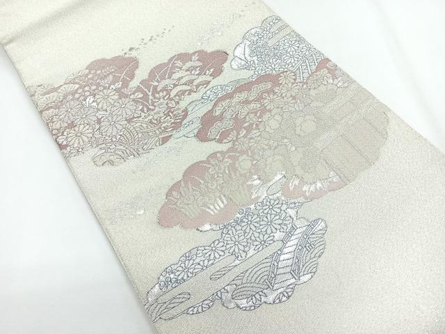 平和屋着物◎太鼓柄袋帯 綴れ 雲取り花文 銀糸 正絹 逸品 CABG1243nb