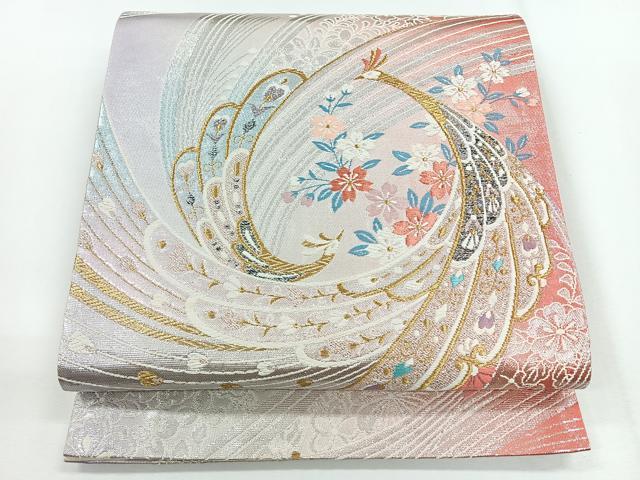 平和屋着物◎六通柄袋帯 唐織 孔雀花文 金銀糸 正絹 逸品 CABG1268nb