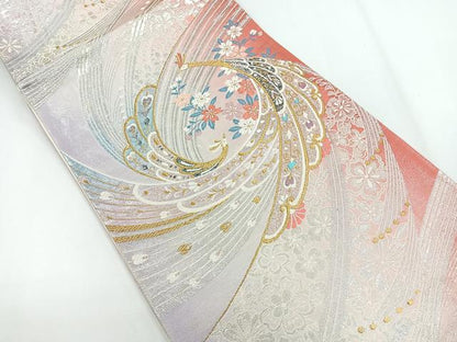平和屋着物◎六通柄袋帯 唐織 孔雀花文 金銀糸 正絹 逸品 CABG1268nb