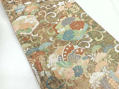 平和屋着物◎六通柄袋帯　唐織　花蝶文　金糸　正絹　逸品　CABG1279nb