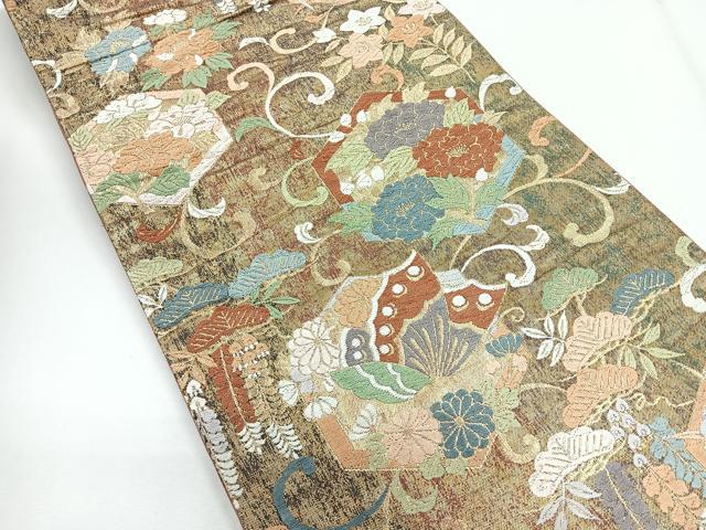 平和屋着物◎六通柄袋帯　唐織　花蝶文　金糸　正絹　逸品　CABG1279nb