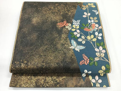 平和屋着物◎六通柄袋帯　唐織　花蝶文　黒地　金糸　正絹　逸品　CABG1288nb