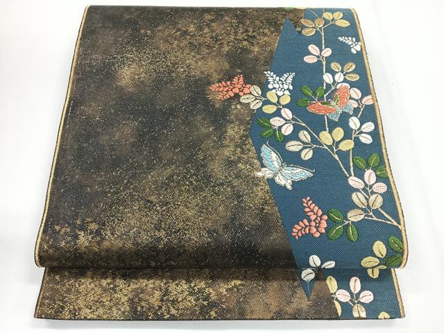 平和屋着物◎六通柄袋帯　唐織　花蝶文　黒地　金糸　正絹　逸品　CABG1288nb