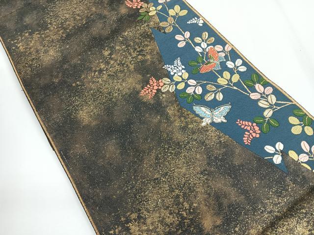 平和屋着物◎六通柄袋帯　唐織　花蝶文　黒地　金糸　正絹　逸品　CABG1288nb