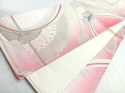 平和屋着物◎全通柄袋帯　舞蝶文　銀糸　正絹　逸品　CABG1309nb