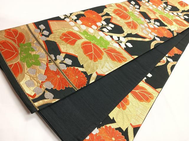 平和屋着物◎六通柄袋帯　唐織　地紙花文　黒地　金銀糸　正絹　逸品　CABG1310nb
