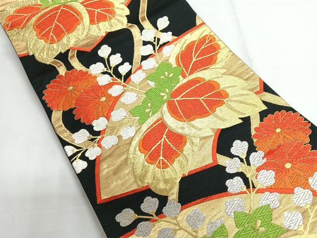 平和屋着物◎六通柄袋帯　唐織　地紙花文　黒地　金銀糸　正絹　逸品　CABG1310nb