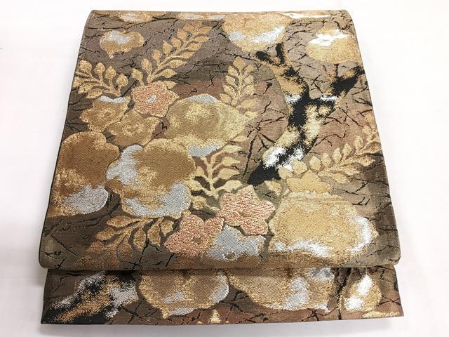 平和屋着物◎六通柄袋帯　光琳花文　黒地　金銀糸　正絹　逸品　CABG1317nb