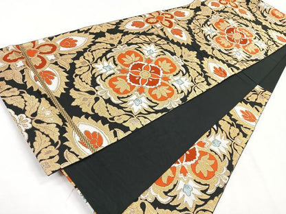 平和屋着物◎六通柄　本袋帯　正倉院花文　黒地　金糸　正絹　逸品　CABG1321nb