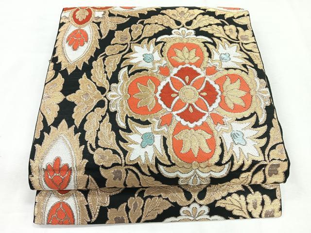 平和屋着物◎六通柄　本袋帯　正倉院花文　黒地　金糸　正絹　逸品　CABG1321nb