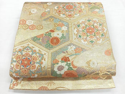 平和屋着物◎佐賀錦 六通柄袋帯 亀甲花文 金糸 正絹 逸品 CABG1331nb