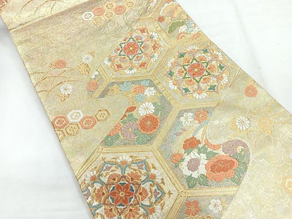 平和屋着物◎佐賀錦 六通柄袋帯 亀甲花文 金糸 正絹 逸品 CABG1331nb