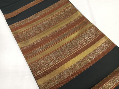 平和屋着物◎六通柄袋帯　草花横段文　黒地　正絹　逸品　CABG1339nb