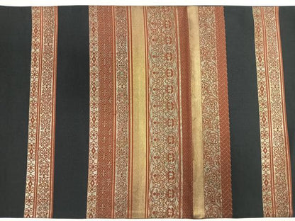 平和屋着物◎六通柄袋帯　草花横段文　黒地　正絹　逸品　CABG1339nb