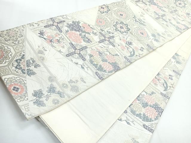 平和屋着物◎六通柄袋帯　切嵌草花文　銀糸　正絹　逸品　CABG1343nb