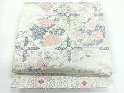 平和屋着物◎六通柄袋帯　切嵌草花文　銀糸　正絹　逸品　CABG1343nb