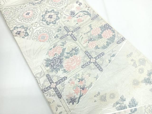 平和屋着物◎六通柄袋帯　切嵌草花文　銀糸　正絹　逸品　CABG1343nb
