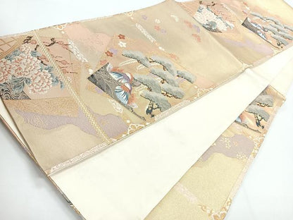 平和屋着物◎六通柄袋帯　色紙花鳥格子　九百錦　金糸　正絹　逸品　CABG1344nb