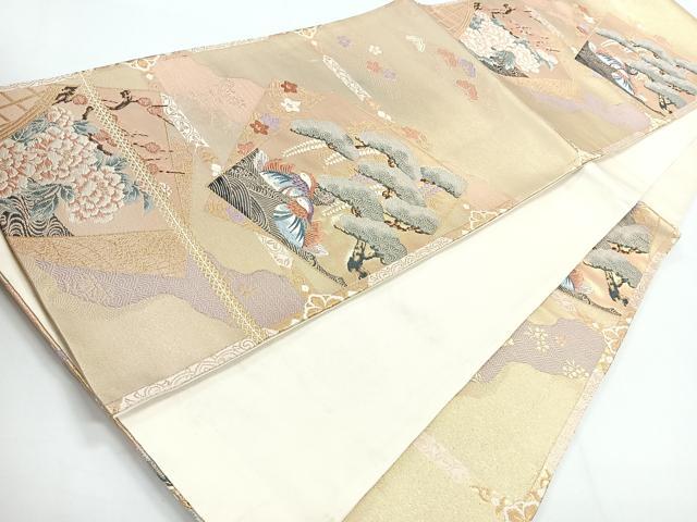 平和屋着物◎六通柄袋帯　色紙花鳥格子　九百錦　金糸　正絹　逸品　CABG1344nb