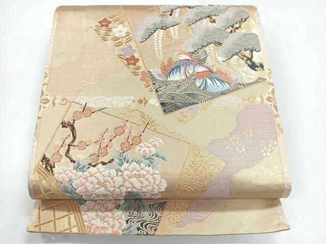 平和屋着物◎六通柄袋帯　色紙花鳥格子　九百錦　金糸　正絹　逸品　CABG1344nb