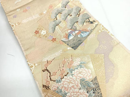 平和屋着物◎六通柄袋帯　色紙花鳥格子　九百錦　金糸　正絹　逸品　CABG1344nb