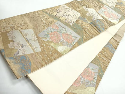 平和屋着物◎六通柄袋帯 色紙草花文 金糸 正絹 逸品 CABG1348nb