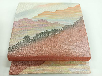 平和屋着物◎佐賀錦 太鼓柄袋帯 作家物 風景シルエット 銀糸 正絹 逸品 CABG1353nb