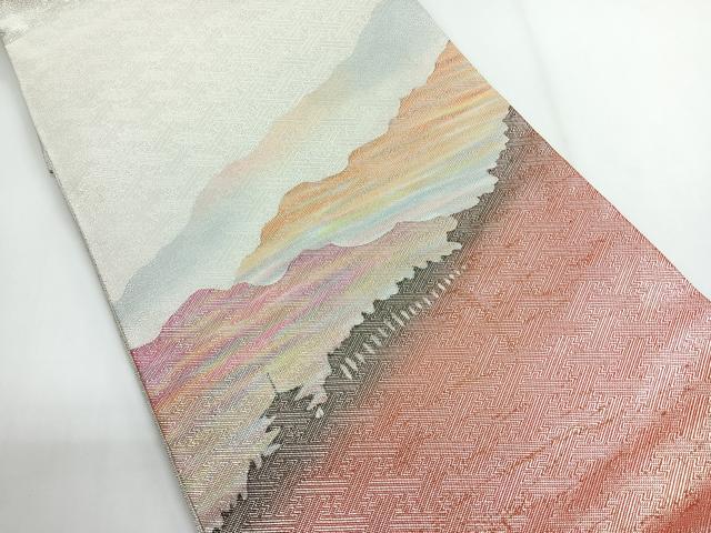平和屋着物◎佐賀錦 太鼓柄袋帯 作家物 風景シルエット 銀糸 正絹 逸品 CABG1353nb