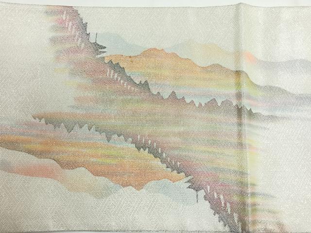 平和屋着物◎佐賀錦 太鼓柄袋帯 作家物 風景シルエット 銀糸 正絹 逸品 CABG1353nb