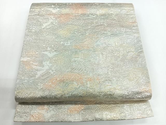 平和屋着物◎六通柄袋帯　風景文　銀糸　正絹　逸品　CABG1355nb