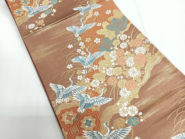 平和屋着物◎六通柄袋帯　唐織　飛鶴草花文　金糸　正絹　逸品　CABG1362nb