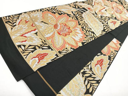平和屋着物◎六通柄袋帯 更紗花文 黒地 金糸 正絹 逸品 CABG1363nb