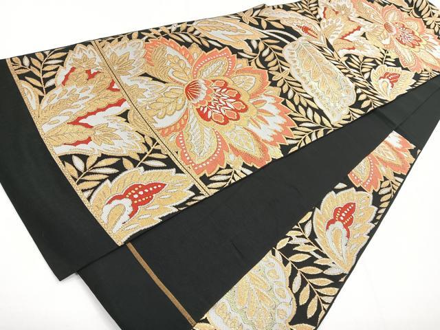 平和屋着物◎六通柄袋帯 更紗花文 黒地 金糸 正絹 逸品 CABG1363nb