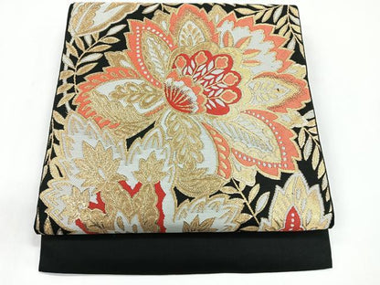 平和屋着物◎六通柄袋帯 更紗花文 黒地 金糸 正絹 逸品 CABG1363nb