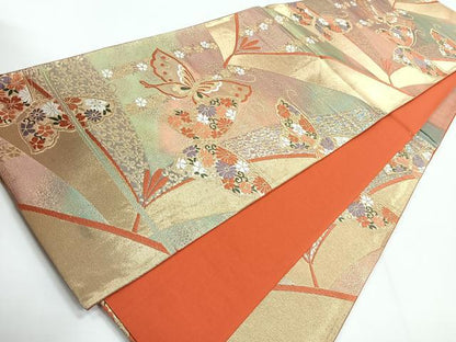 平和屋着物◎六通柄袋帯　唐織　花蝶文　金糸　正絹　逸品　CABG1384nb