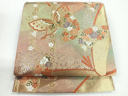 平和屋着物◎六通柄袋帯　唐織　花蝶文　金糸　正絹　逸品　CABG1384nb