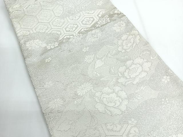 平和屋着物◎六通柄袋帯　吉祥花文　銀糸　正絹　逸品　CABG1386nb