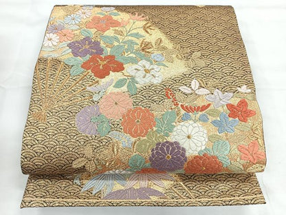 平和屋着物◎佐賀錦　六通柄袋帯　唐織　花扇文　金糸　正絹　逸品　CABG1388nb