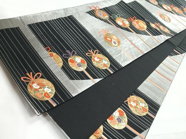 平和屋着物◎六通柄袋帯　唐織　花蝶丸文　黒地　金銀糸　正絹　逸品　CABG1389nb