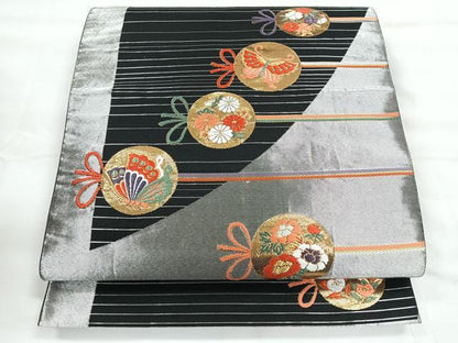 平和屋着物◎六通柄袋帯　唐織　花蝶丸文　黒地　金銀糸　正絹　逸品　CABG1389nb