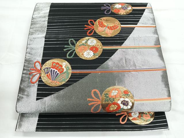 平和屋着物◎六通柄袋帯　唐織　花蝶丸文　黒地　金銀糸　正絹　逸品　CABG1389nb