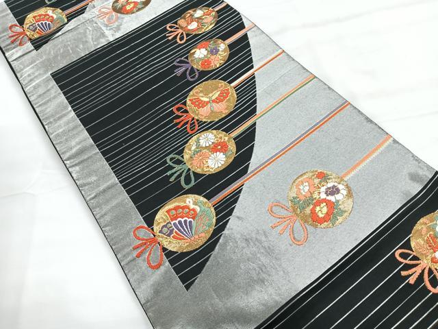 平和屋着物◎六通柄袋帯　唐織　花蝶丸文　黒地　金銀糸　正絹　逸品　CABG1389nb