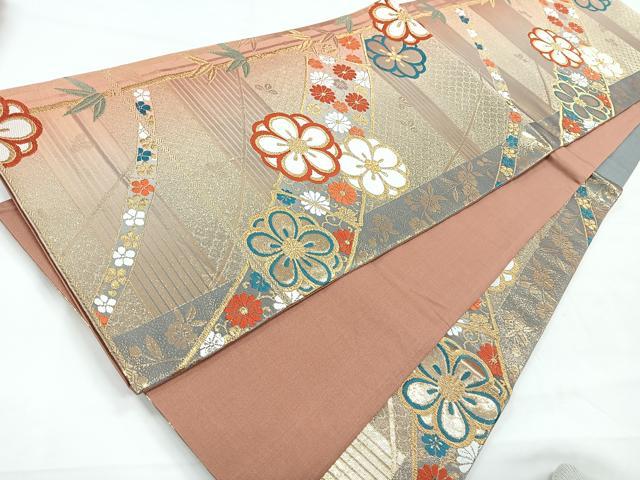 平和屋着物◎六通柄袋帯　唐織　笹竹花文　金糸　正絹　逸品　CABG1413nb