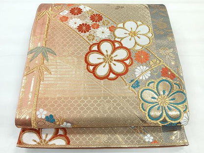 平和屋着物◎六通柄袋帯　唐織　笹竹花文　金糸　正絹　逸品　CABG1413nb