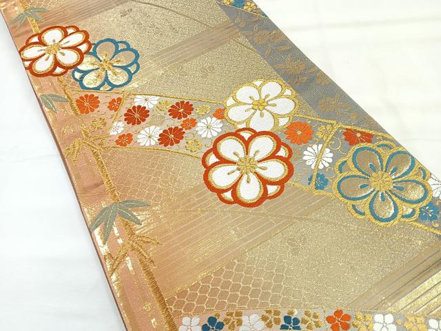 平和屋着物◎六通柄袋帯　唐織　笹竹花文　金糸　正絹　逸品　CABG1413nb